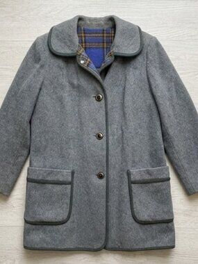 Vintage Country Pacer Gray Wool Coat Plaid Lining Piping Trim Retro Winter M/L